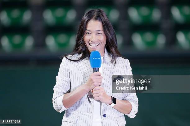 Tennis player Kimiko Date speaks during a press conference on her second retirement at Ariake Coliseum on September 7, 2017 in Tokyo, Japan. Date,...
