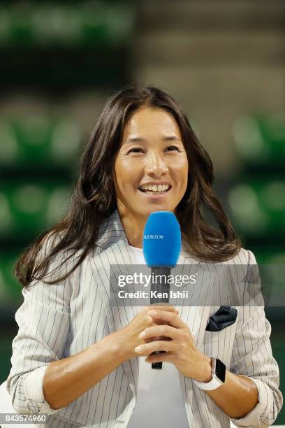 Tennis player Kimiko Date speaks during a press conference on her second retirement at Ariake Coliseum on September 7, 2017 in Tokyo, Japan. Date,...