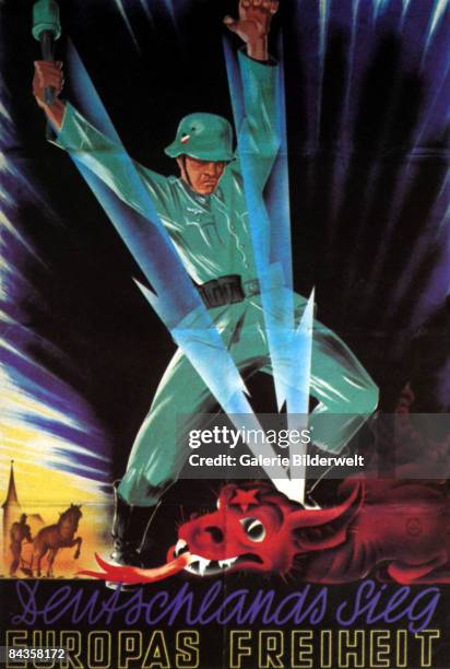 World War II poster depicts a German soldier standing over the defeated Soviet Red Dragon with the words 'Deutschlands Sieg, Europas Freiheit' ,...