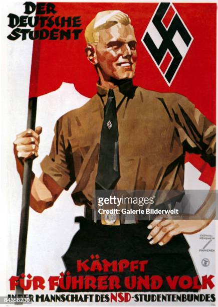German poster for the National Socialist German Students' League featuring a smiling blonde student holding the flag of the organisation, circa 1935....