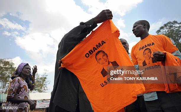 Village entrepreneur at Nyang'oma in Kogelo sells T-shirts during festivities on January 19, 2009 on the eve of the inauguration of Barack Obama,...