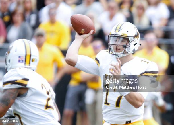 Quarterback Josh Allen of the Wyoming Cowboys throws a pass in the first quarter against the Iowa Hawkeyes, on September 2, 2017 at Kinnick Stadium...
