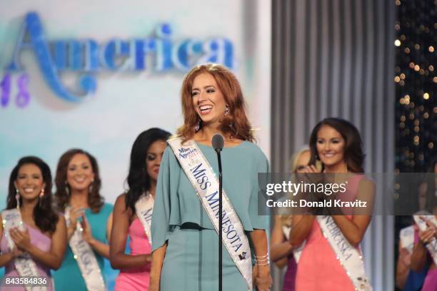 Miss Minnesota 2017 Brianna Drevlow enters the stage to participate in Miss America 2018 - First Night of Preliminary Competition at Boardwalk Hall...