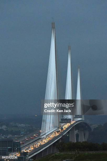 Traffic on the new Queensferry Crossing road bridge over the Forth Estuary in the early hours of the morning as it opens permanently, on September 7,...