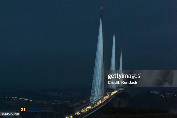 Traffic on the new Queensferry Crossing road bridge over the Forth Estuary in the early hours of the morning as it opens permanently, on September 7,...