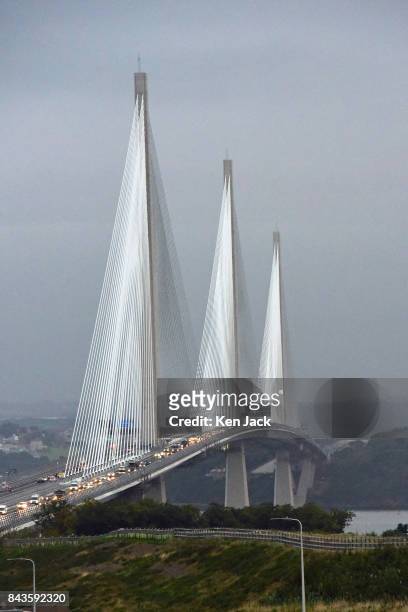 Morning rush-hour traffic on the new Queensferry Crossing road bridge over the Forth Estuary as it opens permanently, on September 7, 2017 in South...
