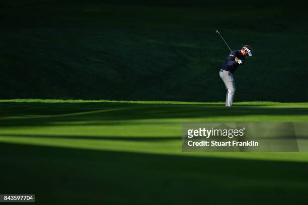Joost Luiten of The Netherlands on the 14th during day one of the 2017 Omega European Masters at Crans-sur-Sierre Golf Club on September 7, 2017 in...