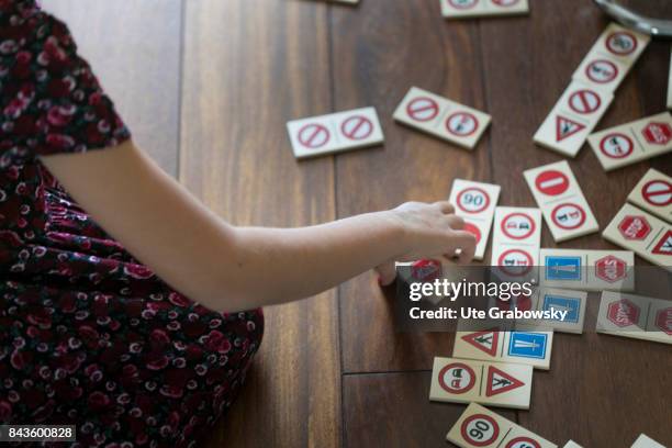 Bonn, Germany Schoolchild with a traffic domino on August 07, 2017 in Bonn, Germany.