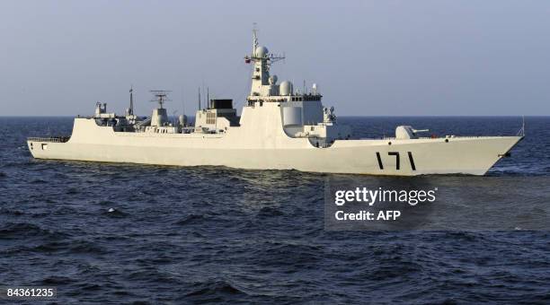 Chinese navy warship, the DDG-171 Haikou destroyer, patrols the waters of the Gulf of Aden on January 19, 2009. The ship is one of three Chinese...