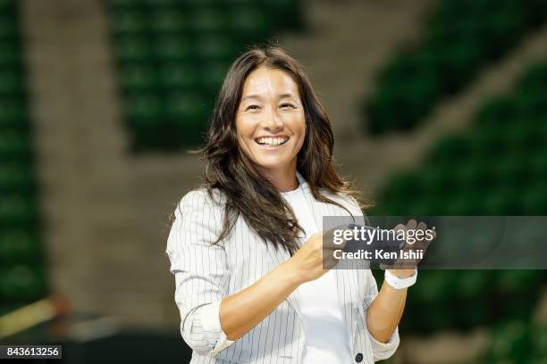 Tennis player Kimiko Date takes pictures during a press conference on her second retirement at Ariake Coliseum on September 7, 2017 in Tokyo, Japan....