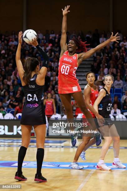 Ama Agbeze of England defends against Maria Tutaia of New Zealand during the International test match between the New Zealand Silver Ferns and the...