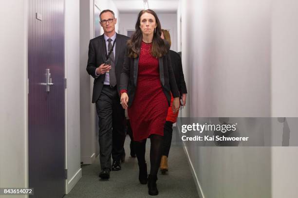 Labour Party Leader Jacinda Ardern on her way to the media scrum following The Press Leaders' Debate on September 7, 2017 in Christchurch, New...