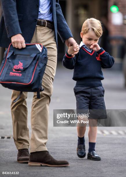 Prince George of Cambridge arrives for his first day of school at Thomas's Battersea on September 7, 2017 in London, England.