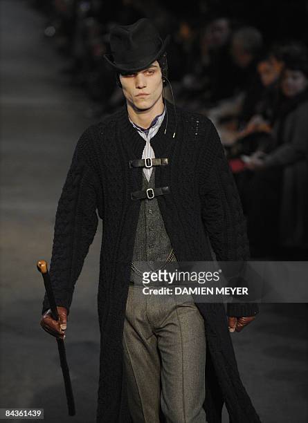 Model displays a creation as part of Alexander McQueen Fall-Winter 2009-2010 Menswear collection on January 19, 2009 during the Men's fashion week in...