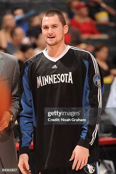 Kevin Love of the Minnesota Timberwolves looks on during a game against the Los Angeles Clippers at Staples Center January 19, 2009 in Los Angeles,...