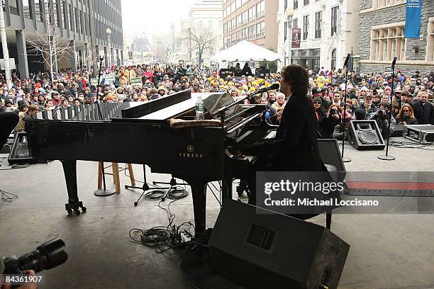 Musician Josh Groban performs at the National Hunger Rally hosted by Feeding America at Martin Luther King Library on January 19, 2009 in Washington,...