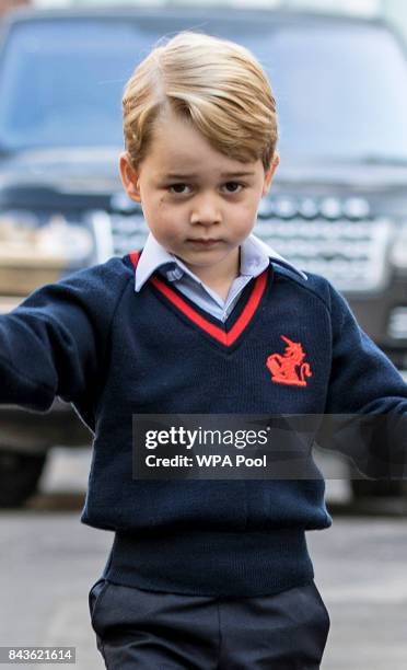 Prince George of Cambridge arrives for his first day of school at Thomas's Battersea on September 7, 2017 in London, England.