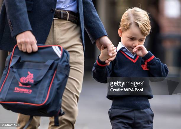 Prince George of Cambridge arrives for his first day of school at Thomas's Battersea on September 7, 2017 in London, England.