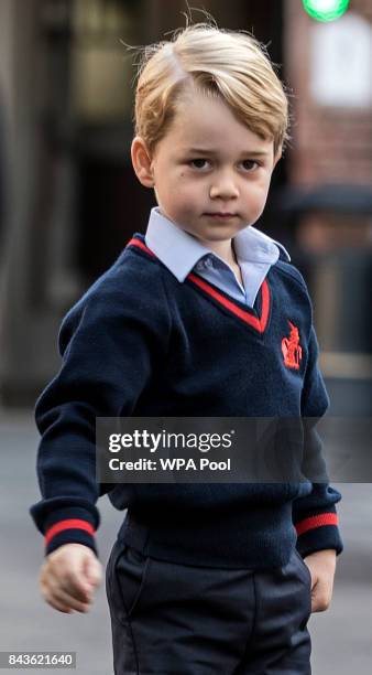 Prince George of Cambridge arrives for his first day of school at Thomas's Battersea on September 7, 2017 in London, England.