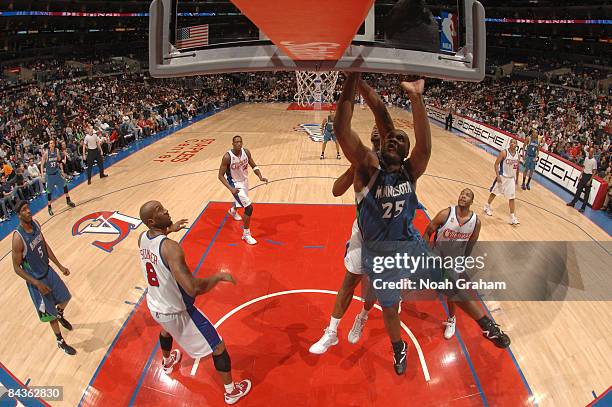 Al Jefferson of the Minnesota Timberwolves goes up for a shot during a game against the Los Angeles Clippers at Staples Center on January 19, 2009 in...