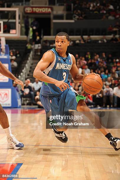 Sebastian Telfair of the Minnesota Timberwolves handles the ball during a game against the Los Angeles Clippers at Staples Center on January 19, 2009...