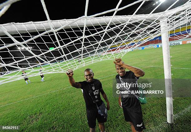 Players Santiago Garcia and Abel Hernandez of the Uruguayan U20 national soccer team get acquainted with the field in Puerto Ordaz, Venezuela, on...