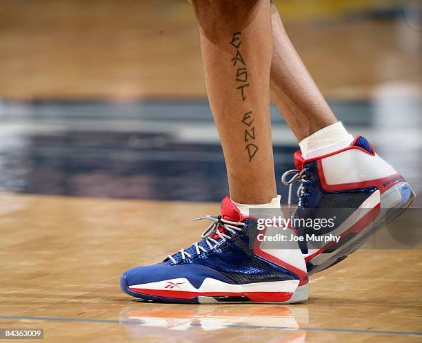 Allen Iverson of the Detroit Pistons debuts his new Reebok shoes in a game against the Memphis Grizzlies on January 19, 2009 at FedExForum in...