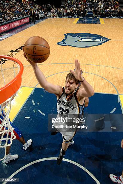 Marc Gasol of the Memphis Grizzlies drives to the the basket in a game against the Detroit Pistons on January 19, 2009 at FedExForum in Memphis,...