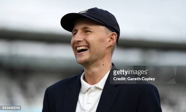 England captain Joe Root laughes ahead of day one of the 3rd Investec Test match between England and the West Indies at Lord's Cricket Ground on...