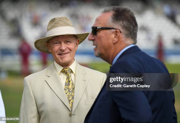 Former England cricketer Geoffrey Boycott and Sir Ian Botham chat ahead of day one of the 3rd Investec Test match between England and the West Indies...