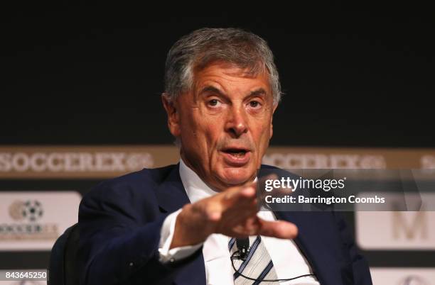 David Dein, The FA former Vice-Chairman talks during day 3 of the Soccerex Global Convention at Manchester Central Convention Complex on September 6,...