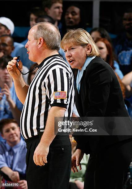 Head coach Sylvia Hatchell of the North Carolina Tar Heels argues with an official during the game against the Connecticut Huskies on January 19,...