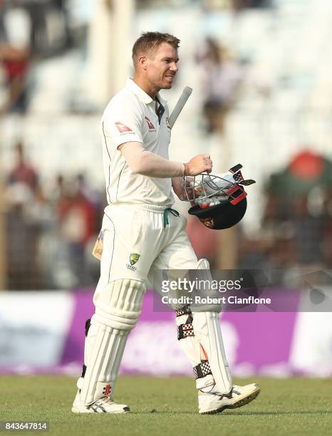 David Warner of Australia walks off after he was dismissed during day four of the Second Test match between Bangladesh and Australia at Zahur Ahmed...