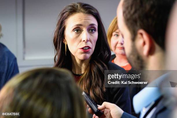Labour Party Leader Jacinda Ardern speaks to the media following The Press Leaders' Debate on September 7, 2017 in Christchurch, New Zealand. The New...