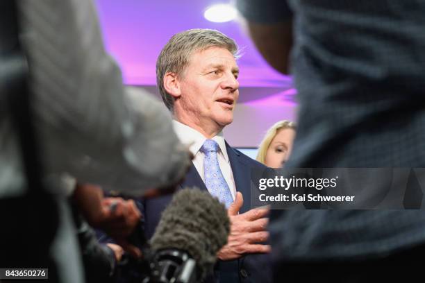 Prime Minister Bill English speaks to the media following The Press Leaders' Debate on September 7, 2017 in Christchurch, New Zealand. The New...