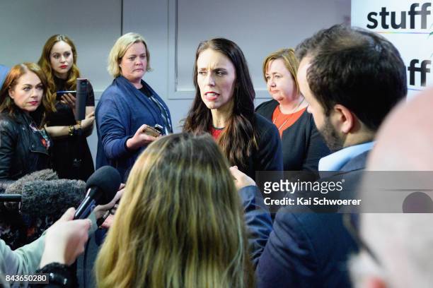 Labour Party Leader Jacinda Ardern speaks to the media following The Press Leaders' Debate on September 7, 2017 in Christchurch, New Zealand. The New...