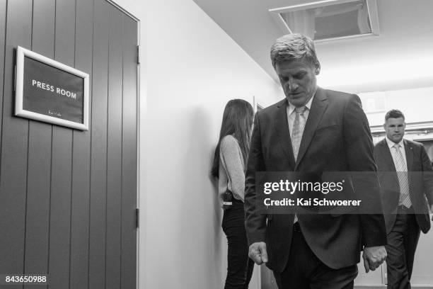 Prime Minister Bill English reacting on his way to the media scrum following The Press Leaders' Debate on September 7, 2017 in Christchurch, New...