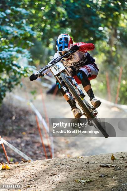 Amaury Pierron of France rides in a downhill practice session during the 2017 Mountain Bike World Championships on September 7, 2017 in Cairns,...