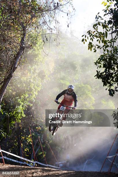 Charlie Harrison of the USA rides in a downhill practice session during the 2017 Mountain Bike World Championships on September 7, 2017 in Cairns,...