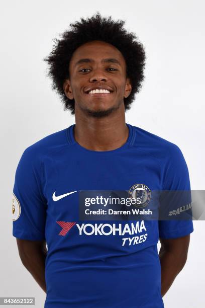 Willian of Chelsea poses during the Chelsea photo call at Chelsea Training Ground on August 8, 2017 in Cobham, England.