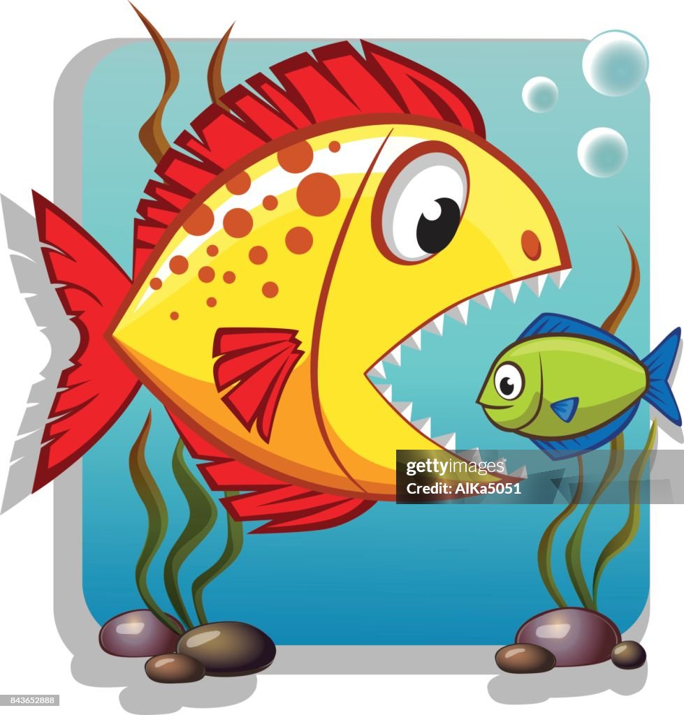 Cute Dibujos Animados Grandes Peces Comen Peces Pequeños Concepto De  Negocio Ilustración de stock - Getty Images