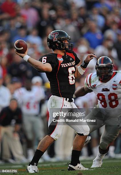Quarterback Graham Harrell of the Texas Tech Red Raiders during play against the Mississippi Rebels during the AT&T Cotton Bowl on January 2, 2009 at...