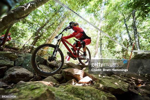 Gee Atherton of Great Britain rides in a downhill practice session during the 2017 Mountain Bike World Championships on September 7, 2017 in Cairns,...