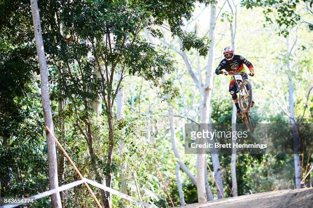 Baptiste Pierron of France rides in a downhill practice session during the 2017 Mountain Bike World Championships on September 7, 2017 in Cairns,...