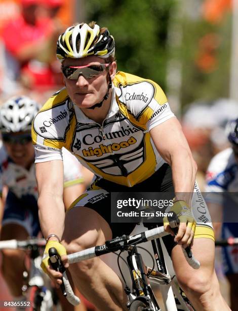 Andre Greipel of Germany, riding for Team Columbia-High Road, rides past the finish line after winning stage one of the 2009 Tour Down Under on...