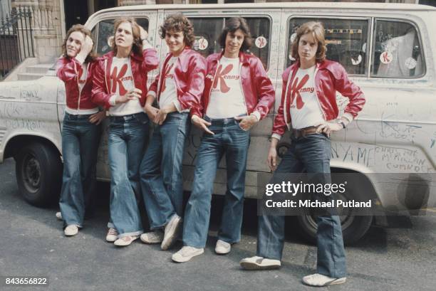 English pop and glam rock band Kenny pose next to their touring van in London, UK, 1975. From left to right: singer Richard Driscoll, guitarist Yan...