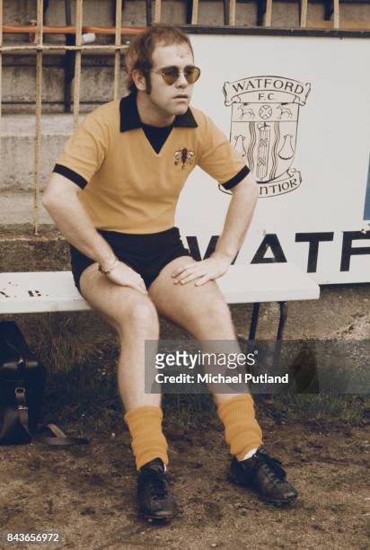 English singer-songwriter and vice-president of Watford FC, Elton John at Vicarage Road football ground, Watford, November 1973.