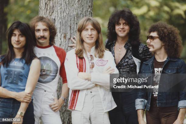 American rock group Journey, New York, June 1979. Left to right: singer Steve Perry, drummer Steve Smith, bassist Ross Valory, keyboard player Gregg...