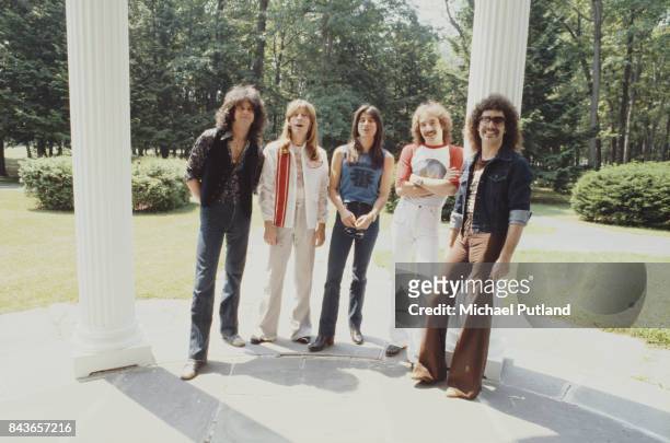 American rock group Journey, New York, June 1979. Left to right: keyboard player Gregg Rolie, bassist Ross Valory, singer Steve Perry, drummer Steve...