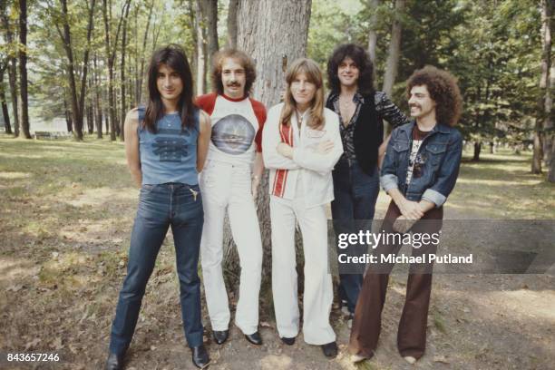 American rock group Journey, New York, June 1979. Left to right: singer Steve Perry, drummer Steve Smith, bassist Ross Valory, keyboard player Gregg...